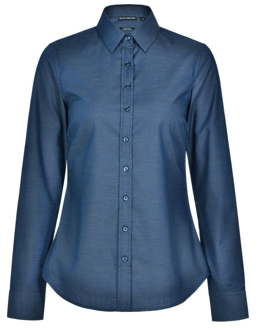Ladies Dot Jacquard Stretch Long Sleeve Ascot Shirt M8400L Casual Wear Winning Spirit Ocean Blue 6